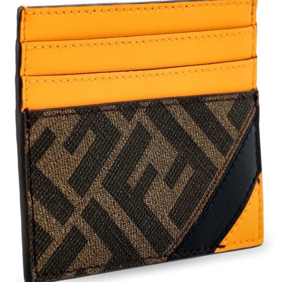 FENDI 'FF Logo w/ Orange Detail' Authentic Men's Canvas/Leather Card Holder NWT! - Picture 4 of 15